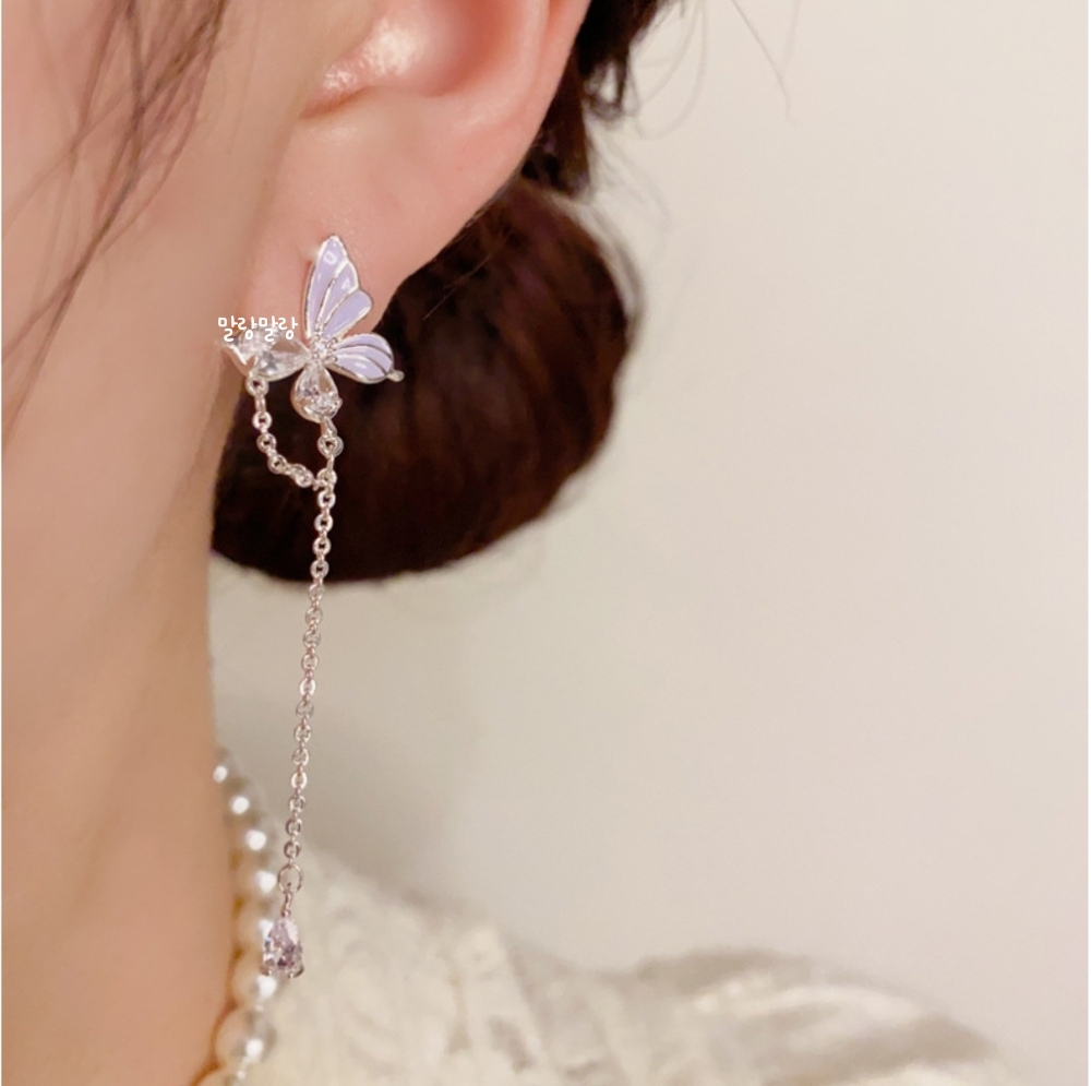 큐빅나비 롱 체인태슬 드롭귀걸이 S925 은침 이어링 - 상세 이미지 5