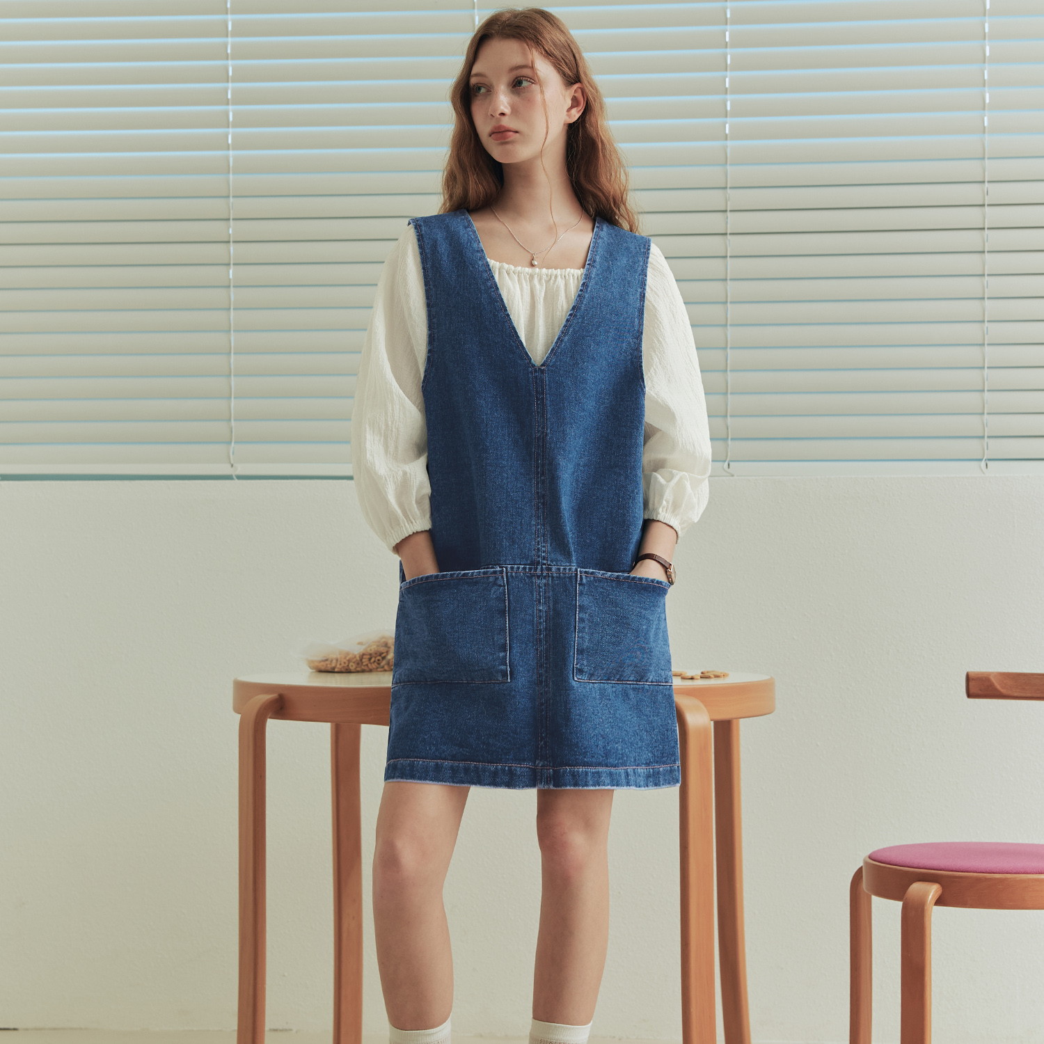 [제로스트릿] 스티치 브이넥 데님 원피스 STITCH V-NECK DENIM ONE-PIECE / BLUE