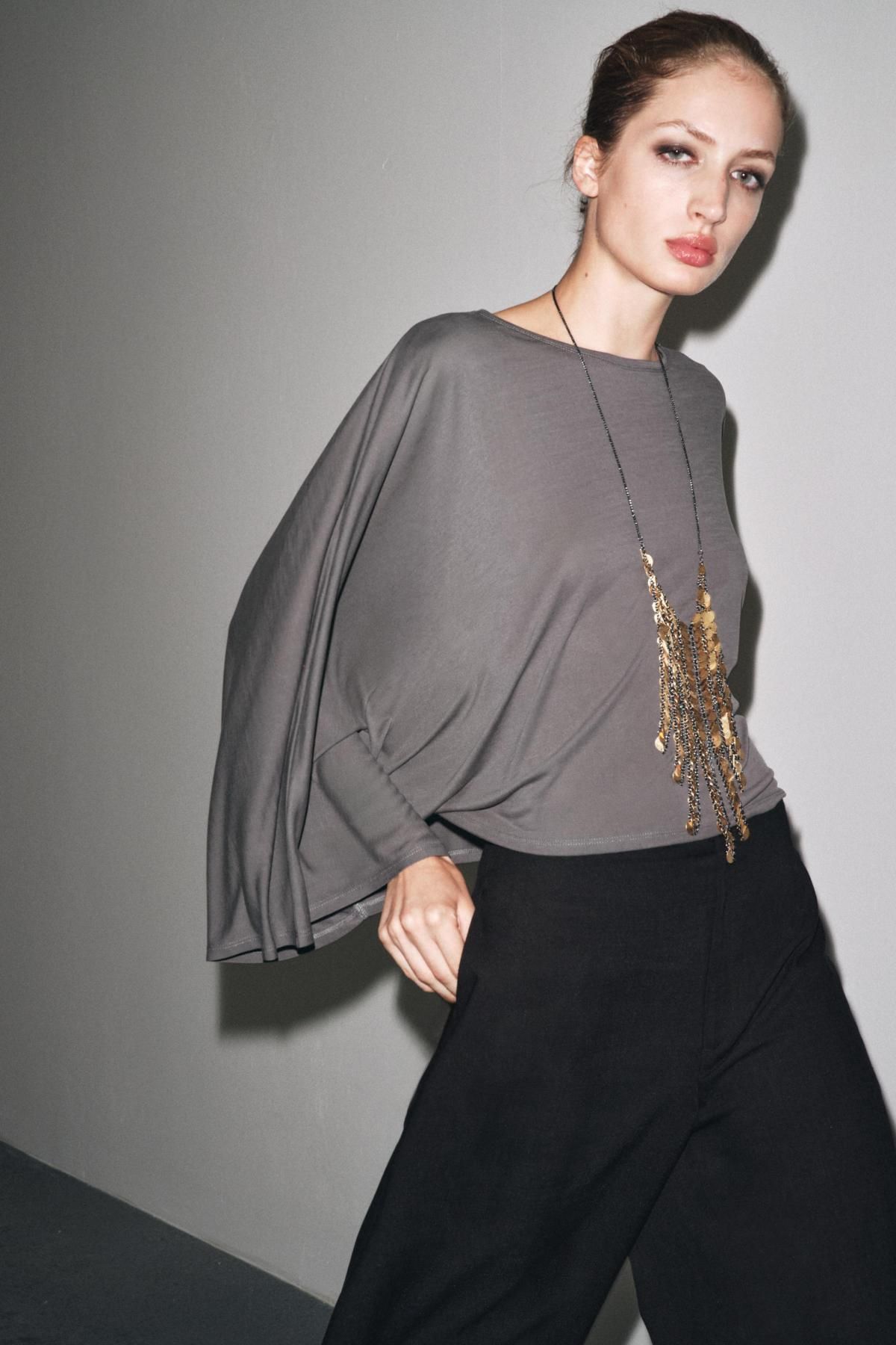 자라 라운드넥 롱슬리브 비대칭 케이프 0858/699 ANTHRACITE GREY - 상세 이미지 3