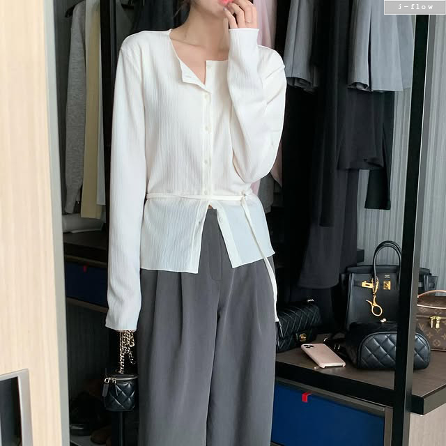소이르 라운드 플리츠 스트랩 가디건 3col 가을 봄 스판 버튼 슬림 데일리 제이플로우 - 상세 이미지 5