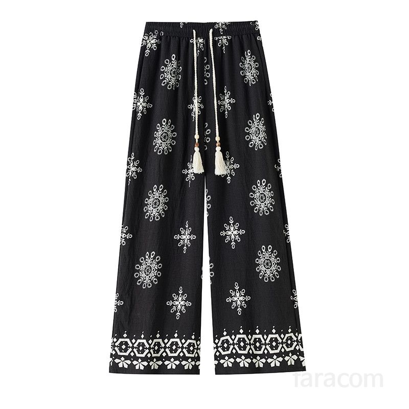 여성용 여름 코튼 린넨 드로스트링 와이드팬츠 9부 통기성 좋은 휴가 스타일 캐주얼 편안한 데일리 외출용 트렌디한 디자인 - 상세 이미지 5