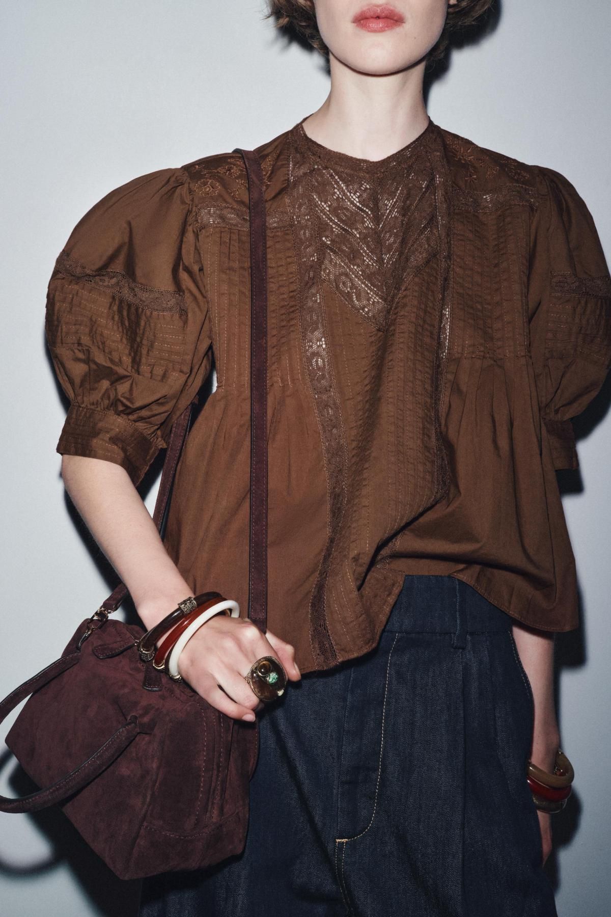 자라 로맨틱 레이스 코튼 브라운 블라우스 7521/281 BROWN - 상세 이미지 5