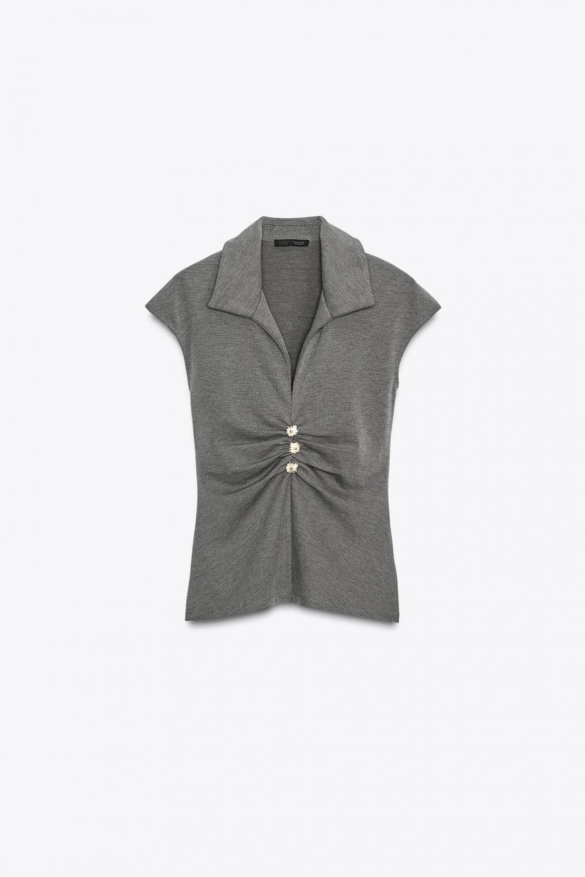 자라 버튼 피케 브이넥 반팔 블라우스 3644/185 ANTHRACITE GREY - 메인 이미지