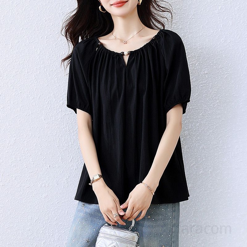여성 빅사이즈 여름 반팔 셔츠 플러스 사이즈 배 가리는 세련된 상의 시원한 착용감 편안한 스타일 데일리 외출용 셔츠블라우스 - 상품 이미지