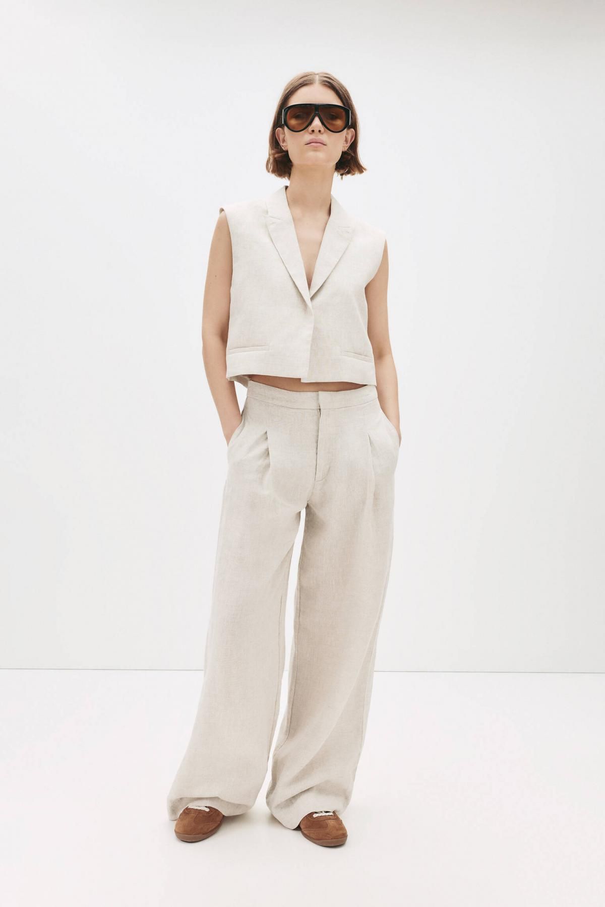 풀앤베어 내추럴 린넨 와이드 플리츠 팬츠 7675/326 TAN - 상세 이미지 2