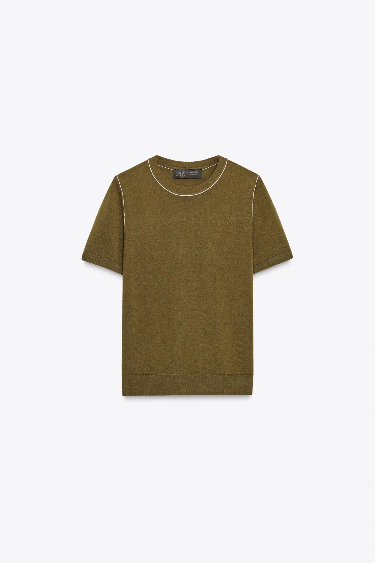 자라 미니멀 라운드넥 파이핑 반팔 니트 탑 3471/100 KHAKI - 메인 이미지