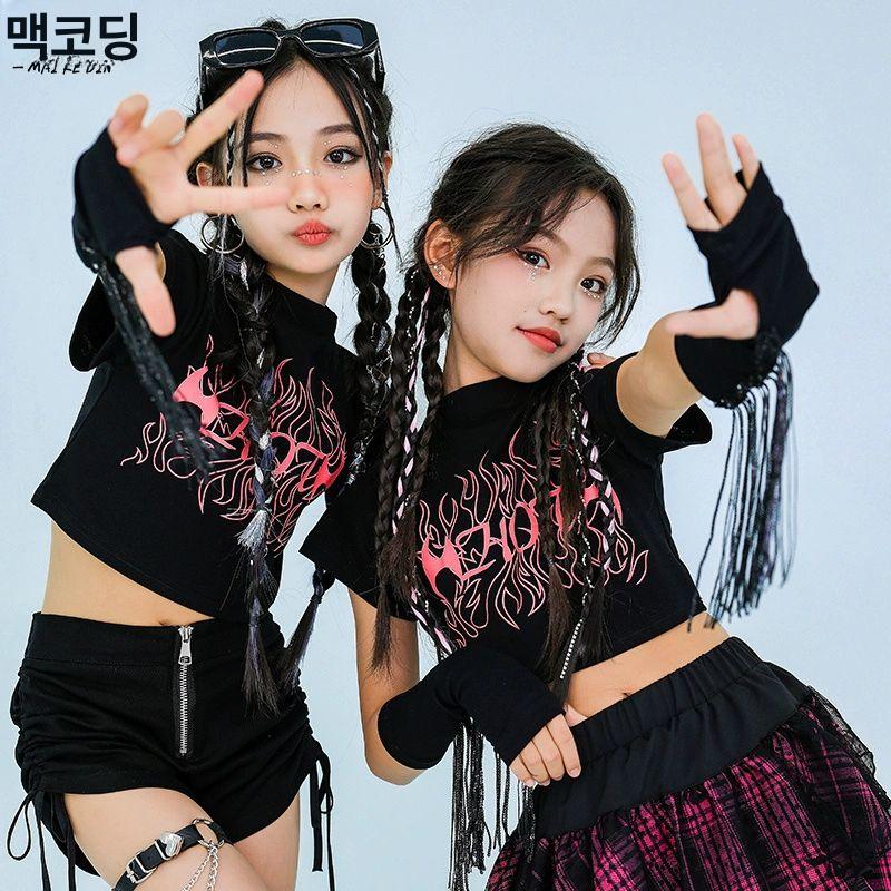 방송댄스복 주니어 댄스복 걸스힙합 팬츠 스팽글 청청패 무대복 가죽바지 화염블랙반팔 110cm - 상세 이미지 5