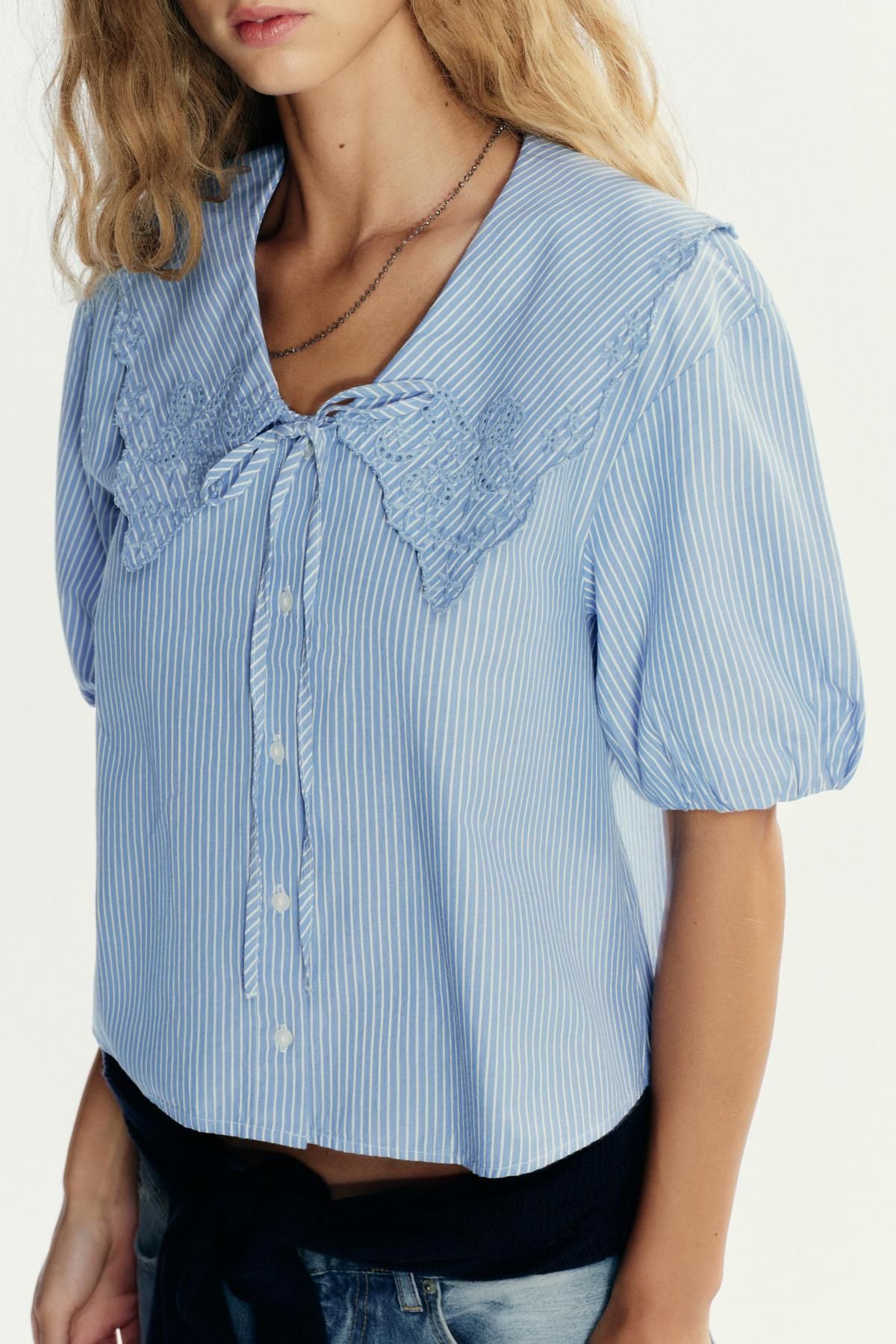 자라 스트라이프 자수 피터팬카라 반팔 셔츠 0881/014 BLUE/WHITE - 상세 이미지 4