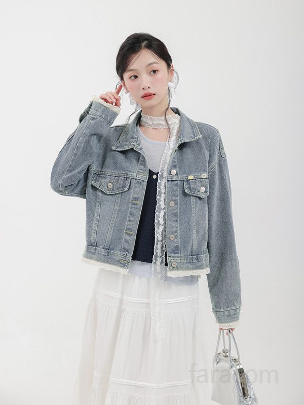 여성용 루즈핏 레이스 스플라이싱 데님 숏 재킷 다용도 캐주얼 아우터 스타일리시한 디자인 가을 패션 상의 코디용 데일리웨어 - 상세 이미지 3