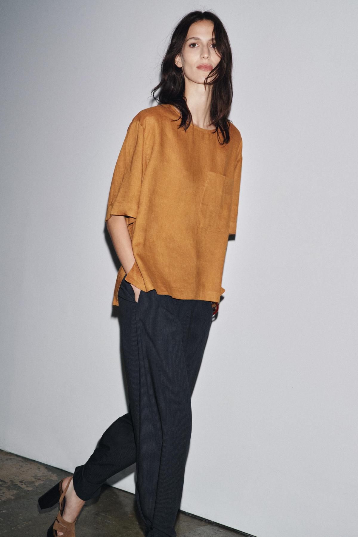 자라 린넨 내추럴 라운드 반팔 티셔츠 4786/118 OCHRE - 상세 이미지 2
