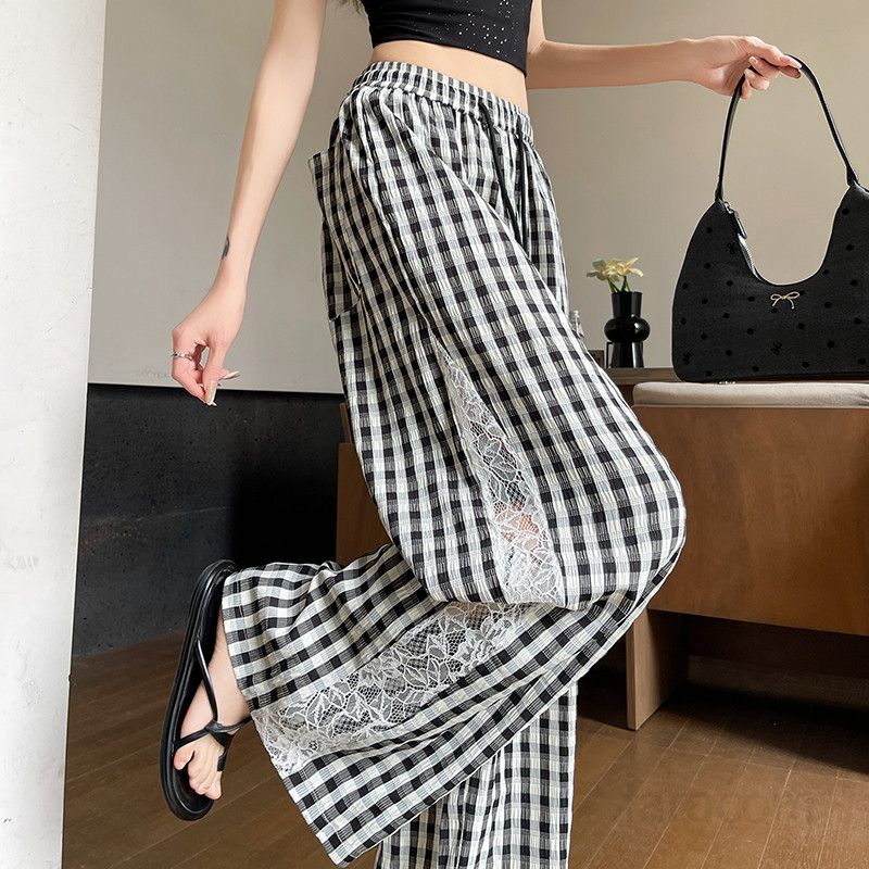 여성 여름 와이드팬츠 아이스 실크 하이웨이스트 캐주얼 플레드 레이스 시원한 착용감 선스크린 기능 모던 스타일 편안한 데일리룩 여행용 팬츠 - 상세 이미지 2