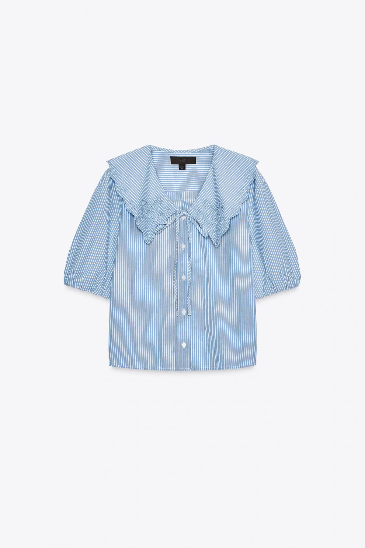자라 스트라이프 자수 피터팬카라 반팔 셔츠 0881/014 BLUE/WHITE - 메인 이미지