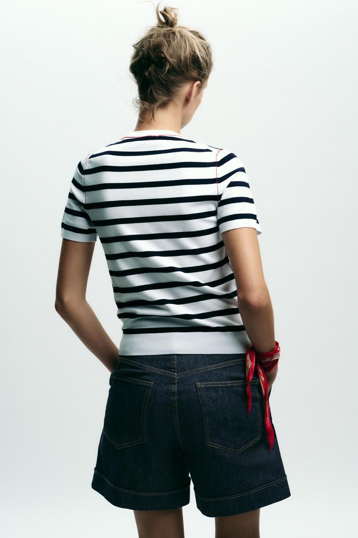 자라 스트라이프 라운드넥 니트 반팔 탑 3471/100 STRIPED - 상세 이미지 5