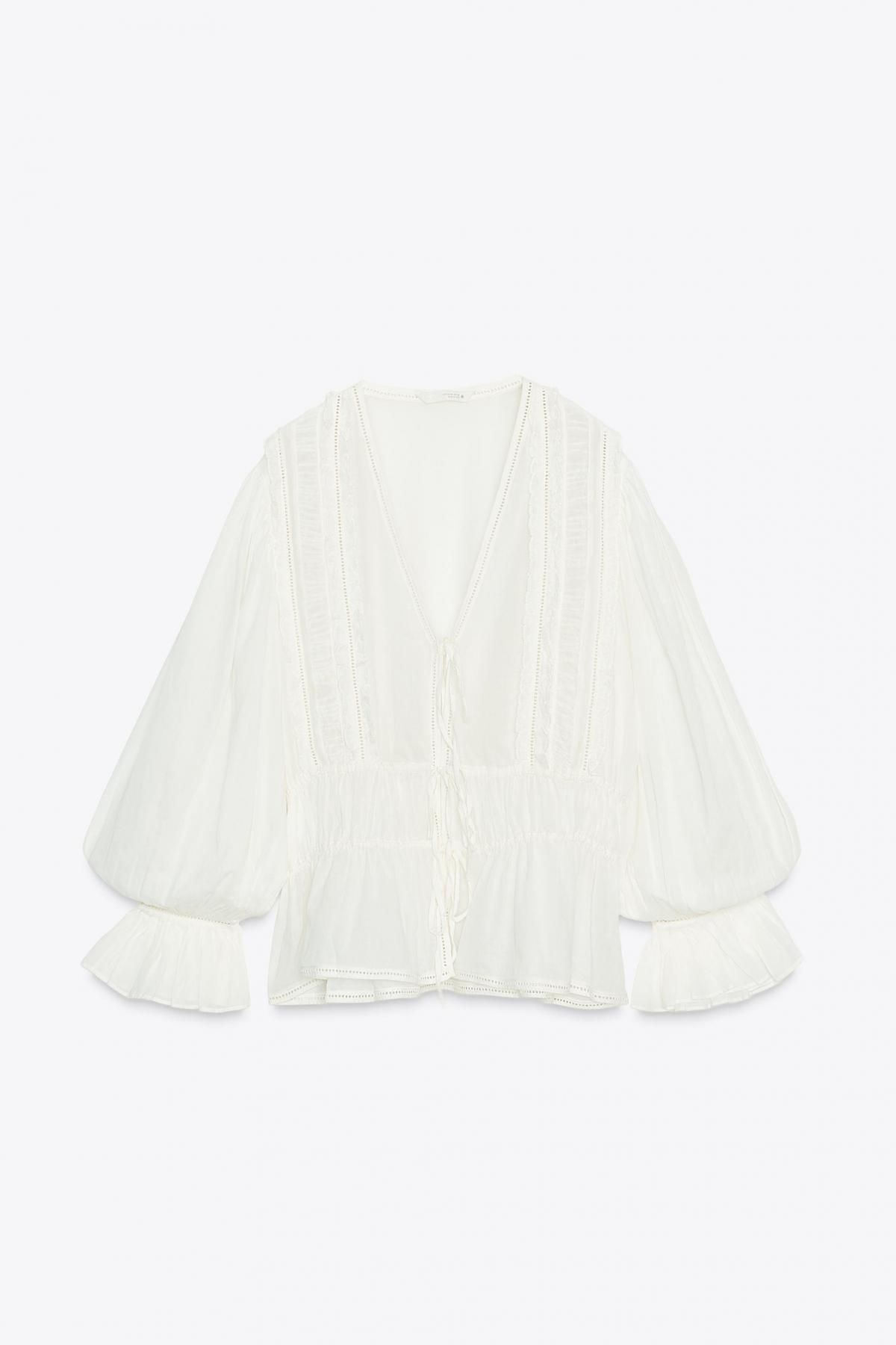 자라 로맨틱 레이스 브이넥 프릴 벨 슬리브 코튼 셔츠 7521/242 OYSTER-WHITE - 메인 이미지