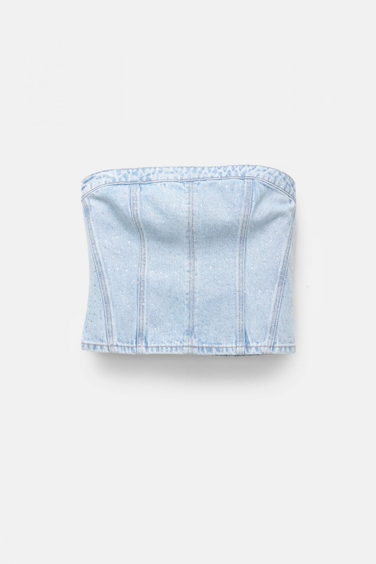 풀앤베어 트렌디 라인스톤 데님 코르셋 튜브탑 7472/393 PALE BLUE - 상품 이미지