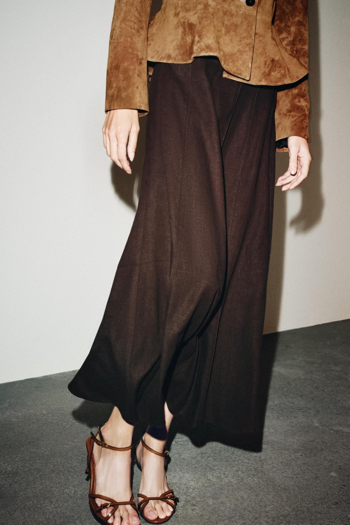 자라 린넨블렌드 플레어 미디 스커트 8713/385 BROWN - 상세 이미지 5