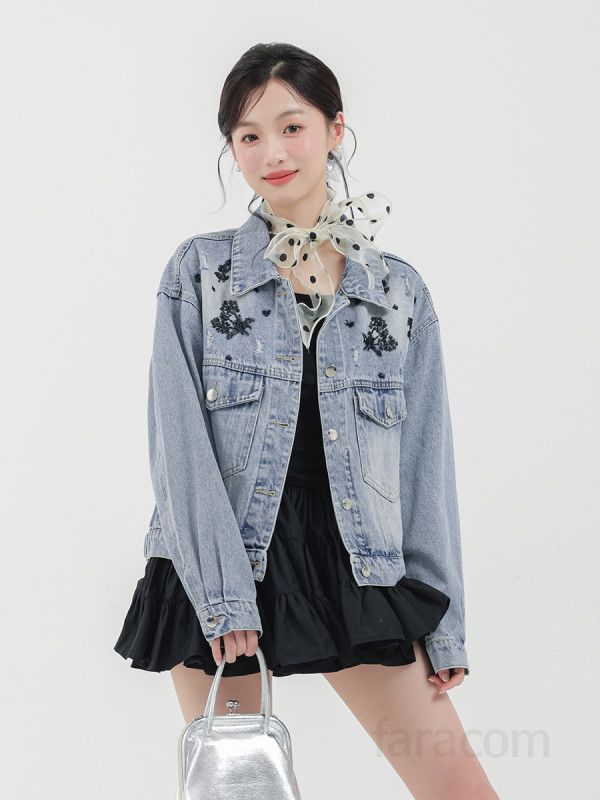 여성 루즈핏 레트로 자수 데님 재킷 오버핏 홍콩 스타일 가을 데일리 청자켓 캐주얼 패션 트렌디한 디자인 편안한 착용감 - 상세 이미지 2