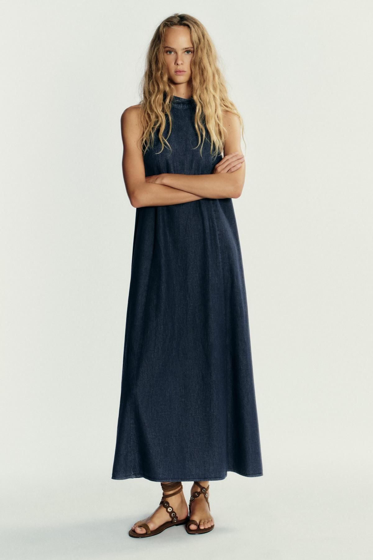 자라 테크니컬 데님 홀터넥 롱 원피스 6929/287 NAVY BLUE - 상세 이미지 2