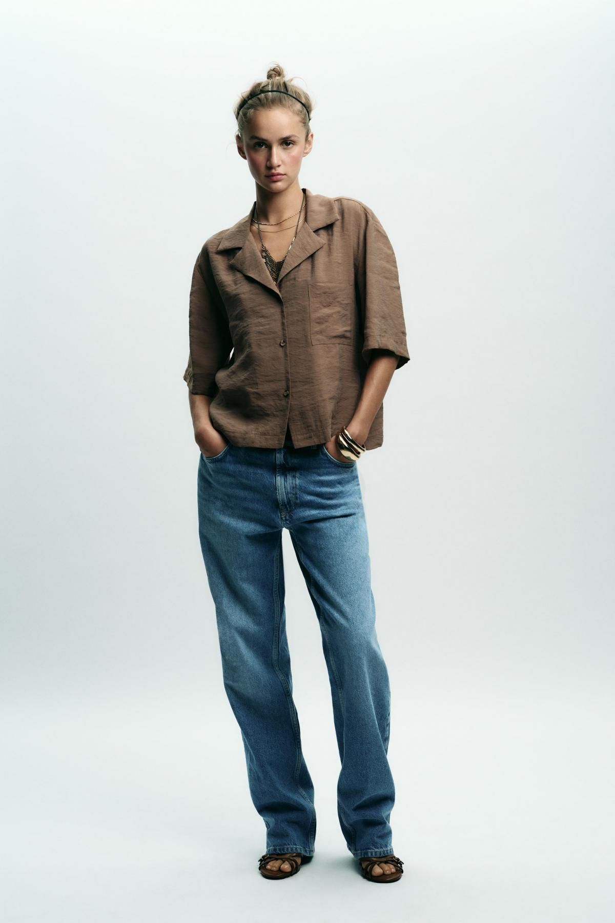 자라 미니멀 릴렉스핏 반팔 블라우스 8838/535 BROWN / TAUPE - 상세 이미지 2
