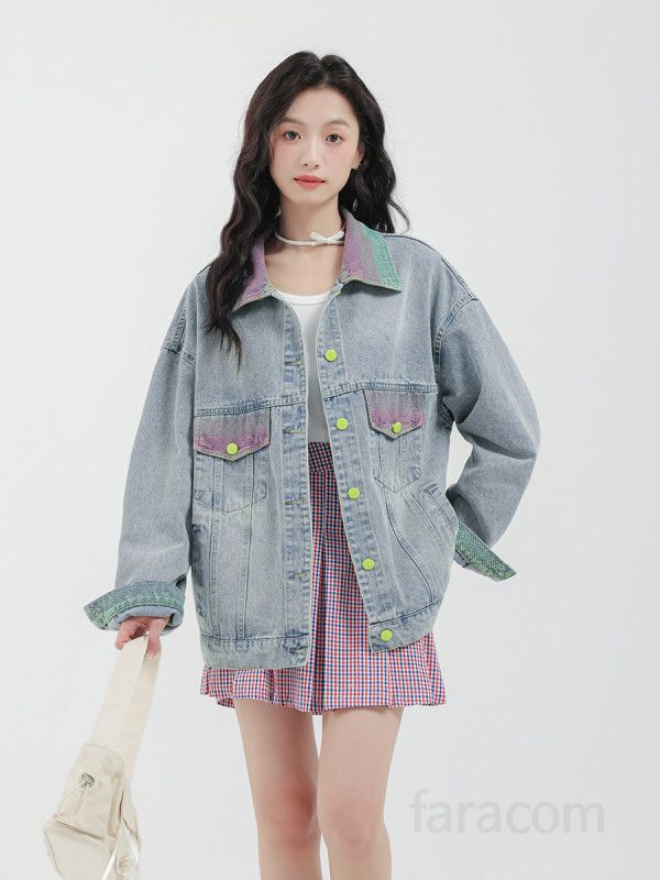 여성 레트로 데님 자켓 가을 루즈핏 홍콩 스타일 청자켓 컬러 매칭 캐주얼 아우터 트렌디한 디자인 데일리 패션 외출용 - 상세 이미지 2