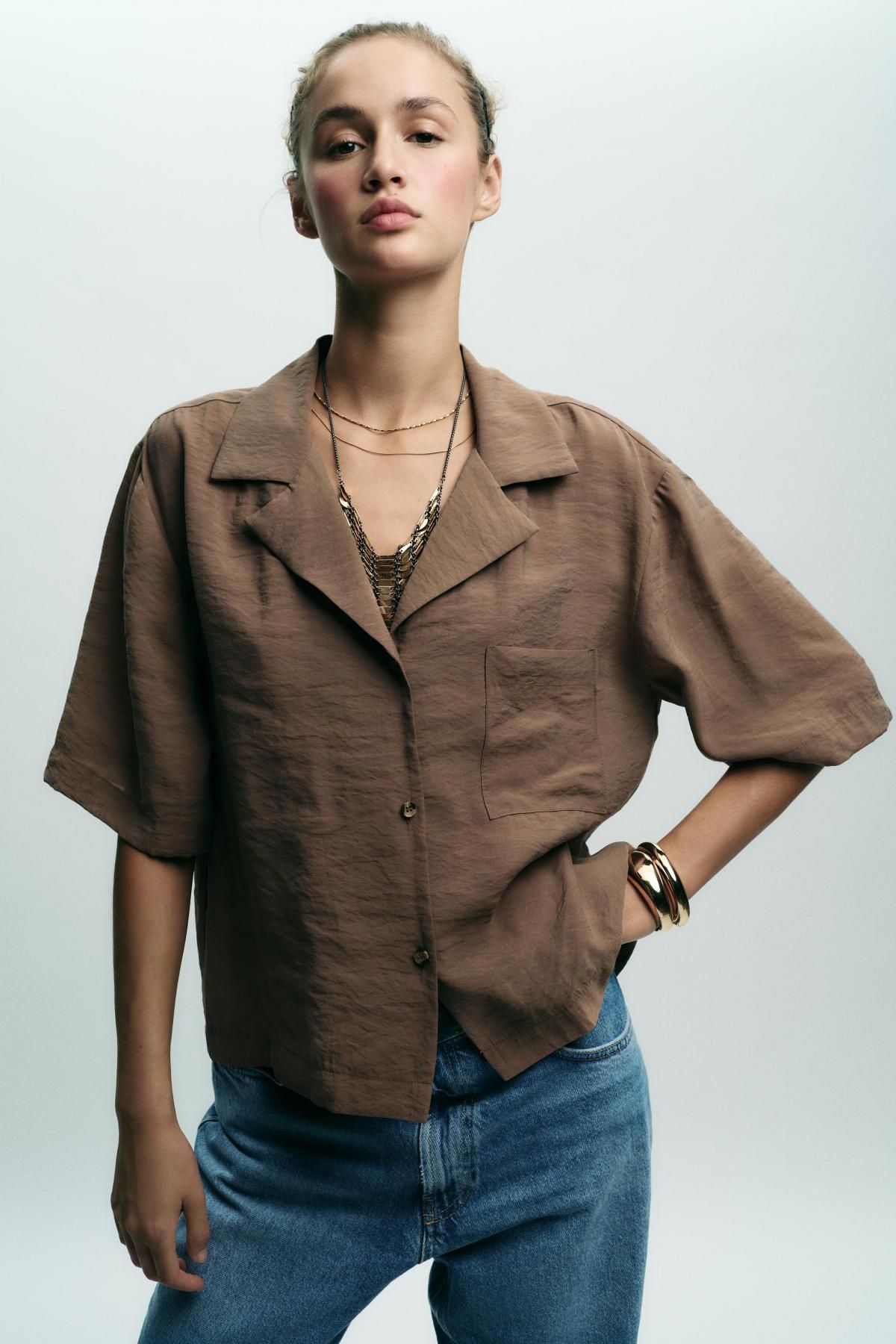 자라 미니멀 릴렉스핏 반팔 블라우스 8838/535 BROWN / TAUPE - 상세 이미지 3