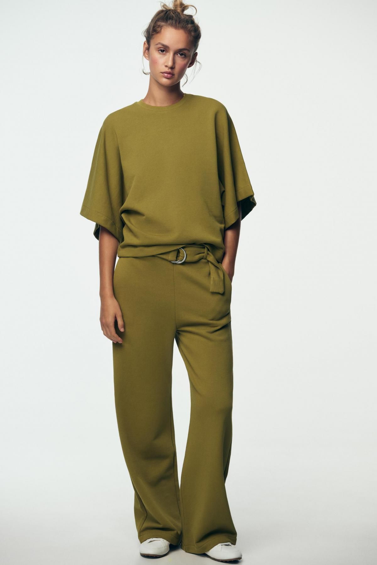 자라 하이웨이스트 와이드 벨트 코튼 팬츠 2335/671 OLIVE GREEN - 상세 이미지 2
