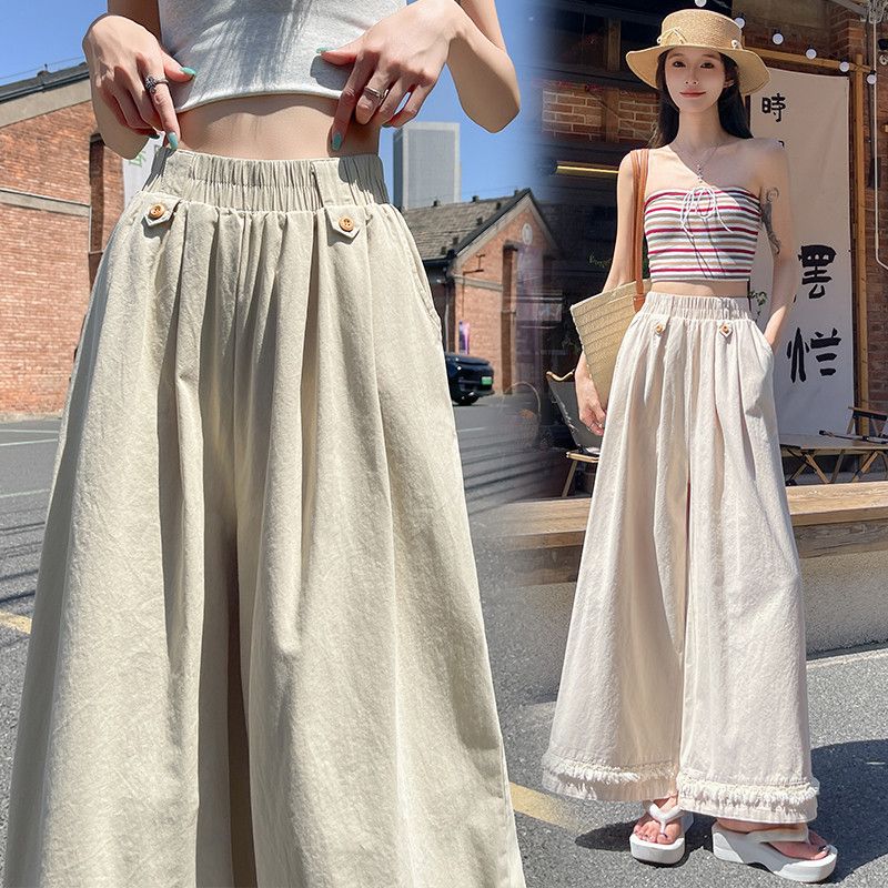 여성 면 와이드팬츠 9부 밴딩 캐주얼 스타일 부드러운 드레이프 여름 통기성 좋은 편안한 외출용 팬츠 - 상품 이미지