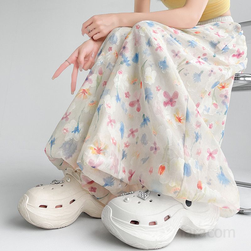 여성 여름 와이드팬츠 아이스실크 소재 컬러풀 꽃봉오리 디자인 하이웨이스트 시원한 착용감 캐주얼 스타일 데일리 외출용 청량감 있는 스트레이트 팬츠 - 상세 이미지 4