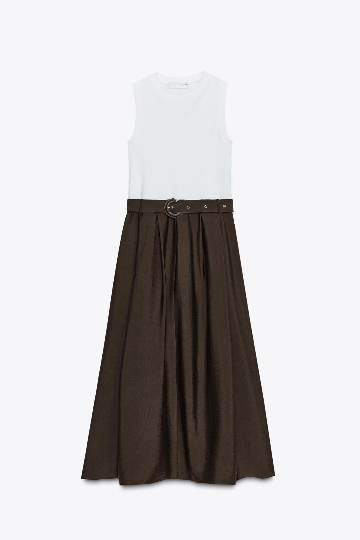 자라 콤비 벨티드 미디 원피스 5029/177 BROWN/WHITE - 메인 이미지
