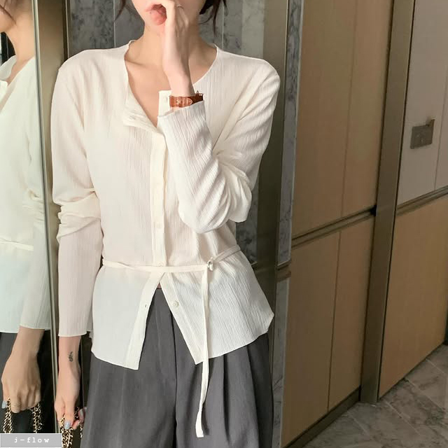 소이르 라운드 플리츠 스트랩 가디건 3col 가을 봄 스판 버튼 슬림 데일리 제이플로우 - 상세 이미지 2