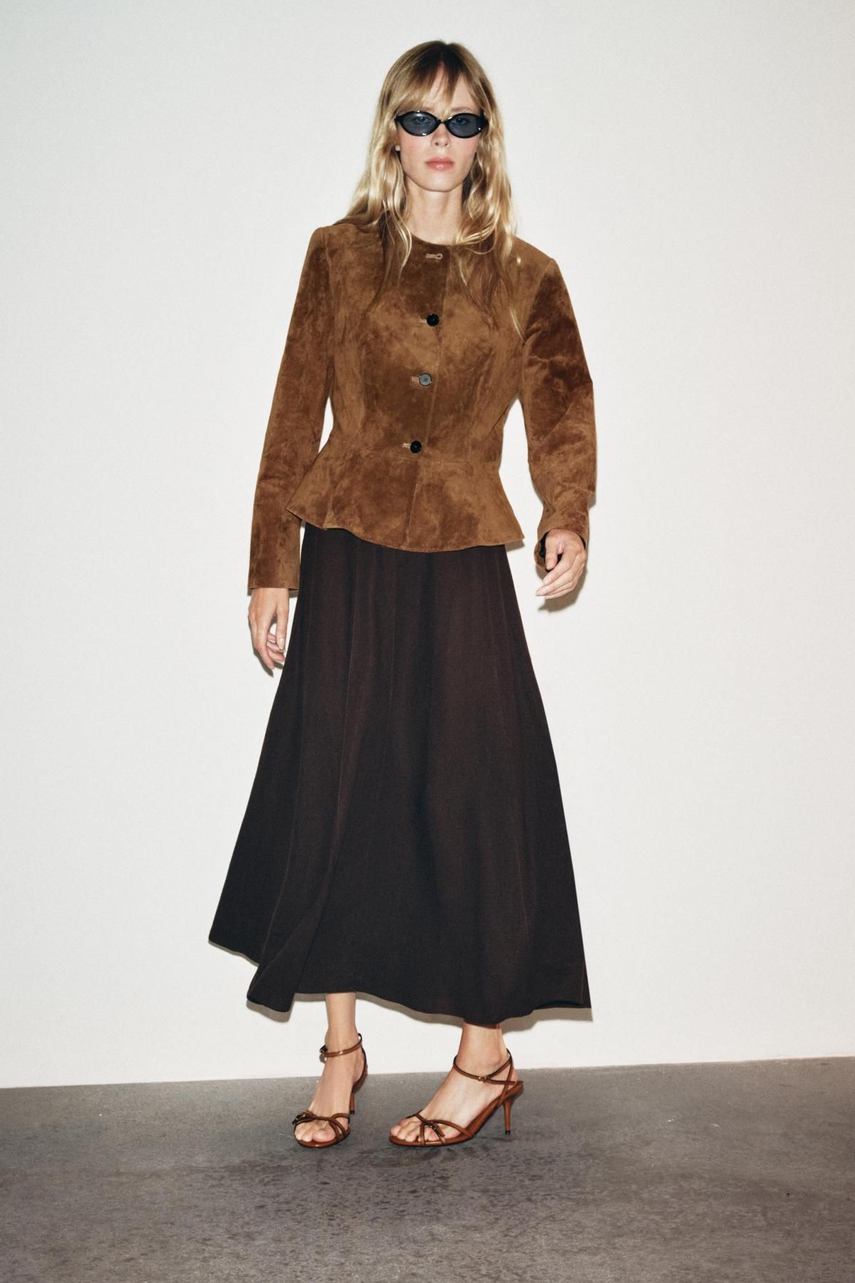 자라 린넨블렌드 플레어 미디 스커트 8713/385 BROWN - 상세 이미지 4