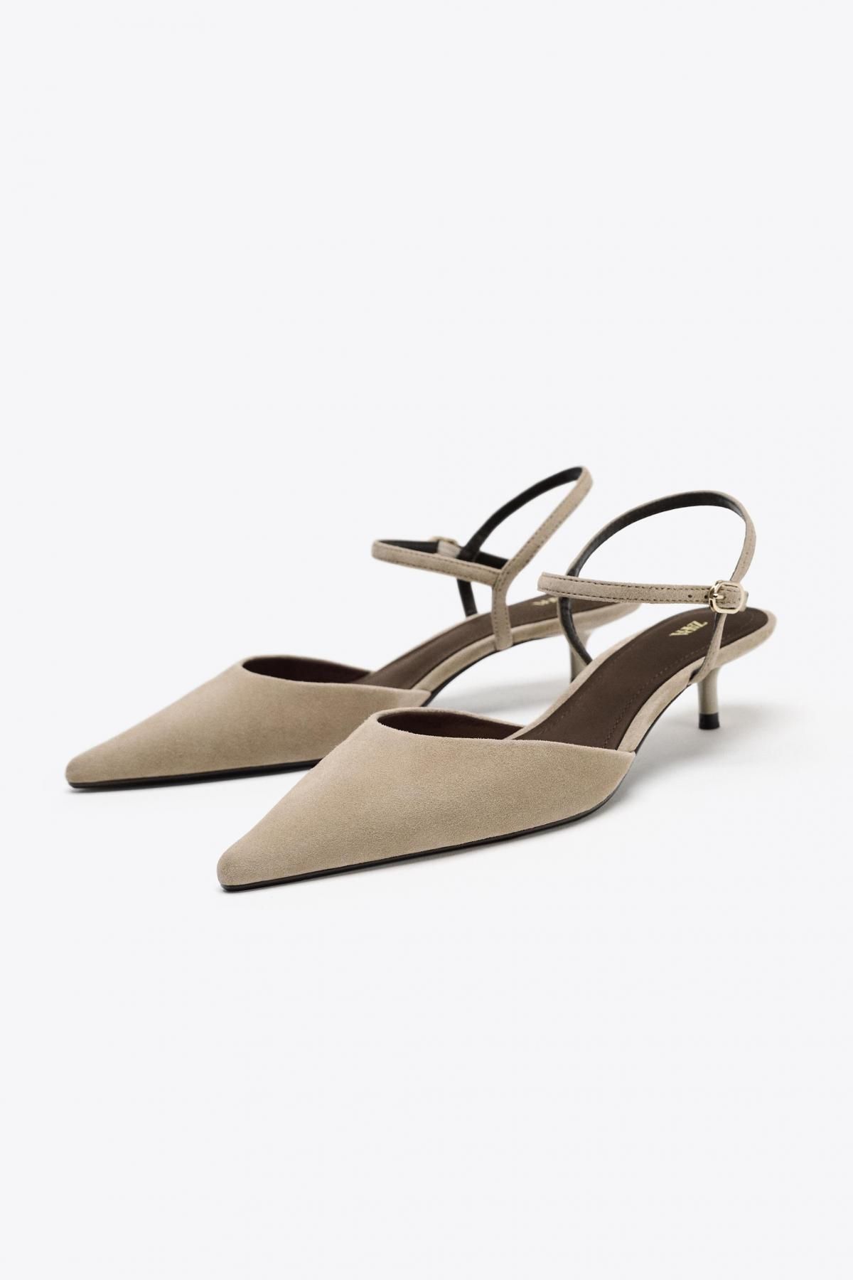 자라 스웨이드 슬링백 키튼힐 로우 펌프스 1822/610 SAND BROWN - 상세 이미지 3
