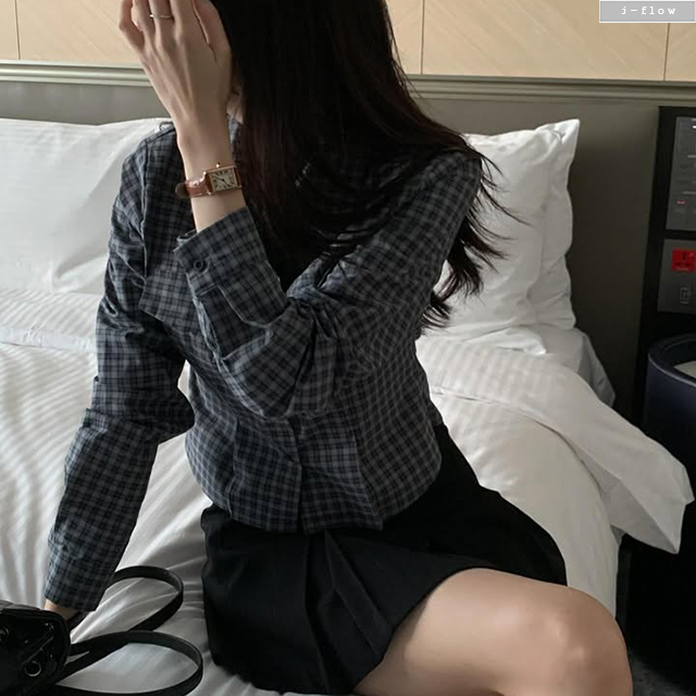 버턴 카라넥 크롭 체크 셔츠 2col 가을 봄 슬림 레이어드 포켓 긴팔 빈티지 제이플로우 - 상세 이미지 5