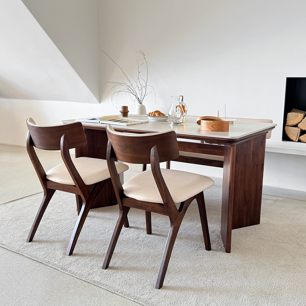 로포텐 브루클린 양면 세라믹식탁 세트 원목 4인용 식탁 포세린 1400 의자2 벤치