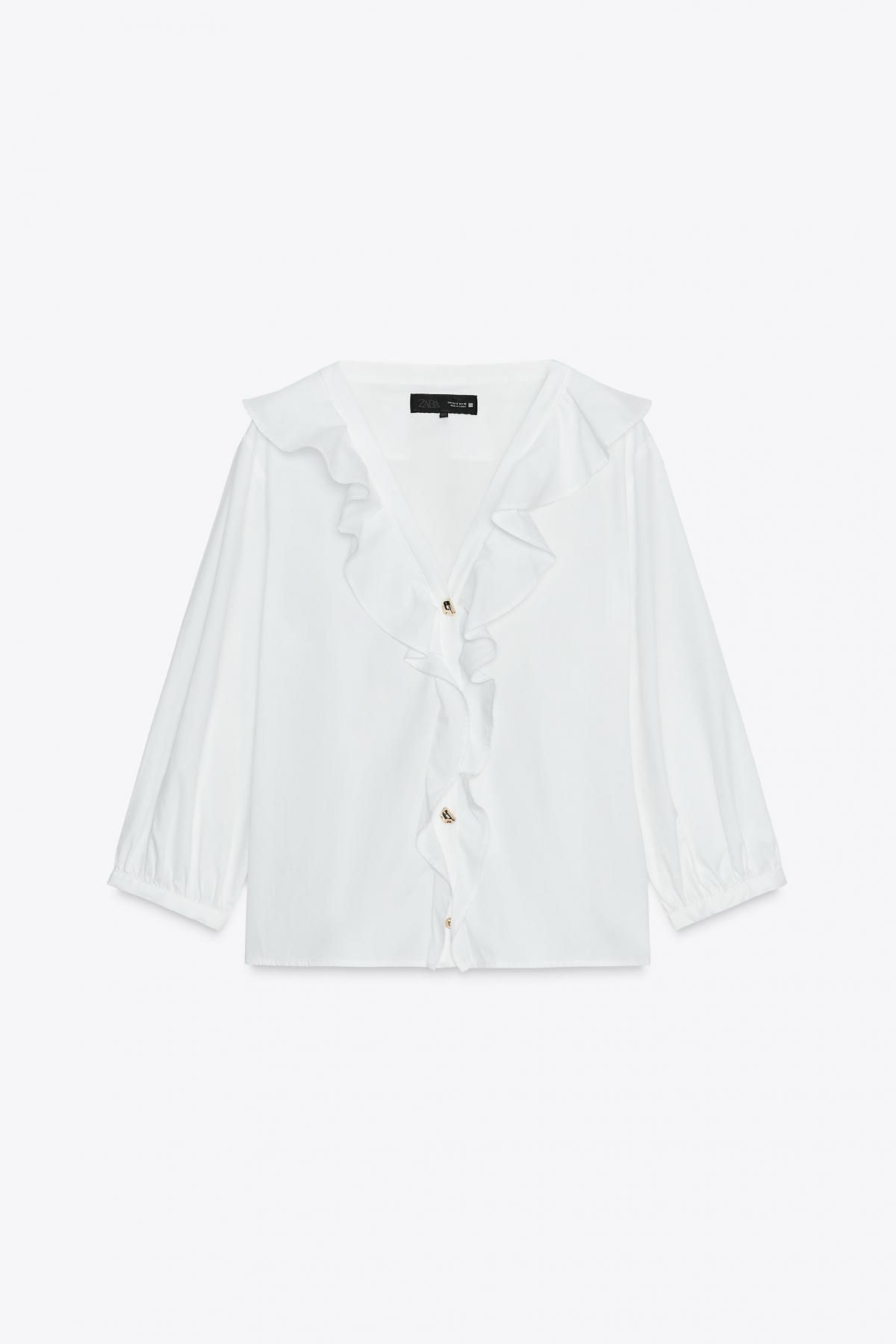 자라 러플 브이넥 골드버튼 포플린 셔츠 2298/154 WHITE - 메인 이미지