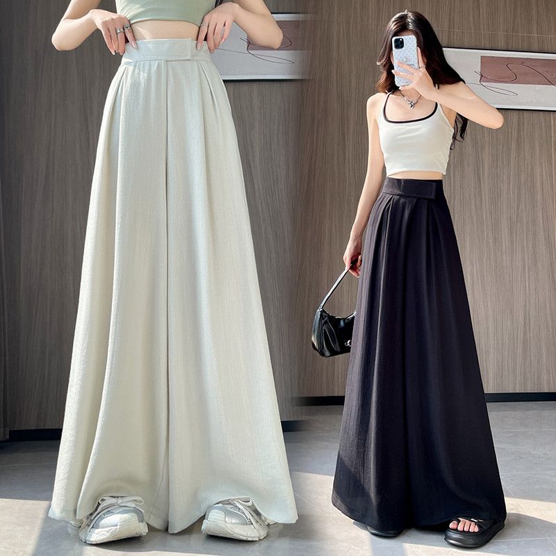 여성 하이웨스트 와이드팬츠 여름용 실크코튼 린넨 소재로 시원한 착용감 드레이프 스타일 캐주얼 팬츠 통바지 데일리룩으로 적합한 루즈핏 - 상품 이미지