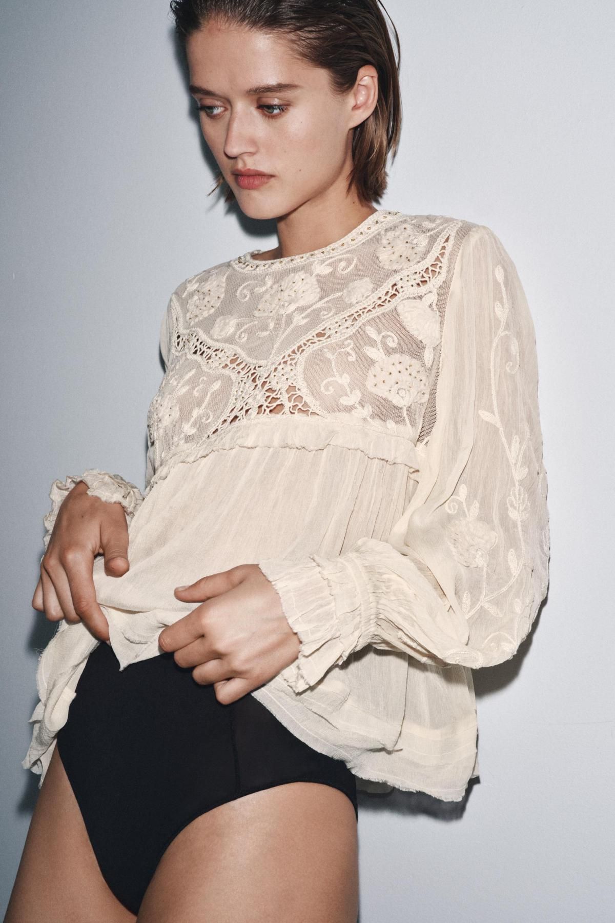 자라 플라워 자수 비즈 시스루 러플 블라우스 5107/903 OYSTER-WHITE - 상세 이미지 3