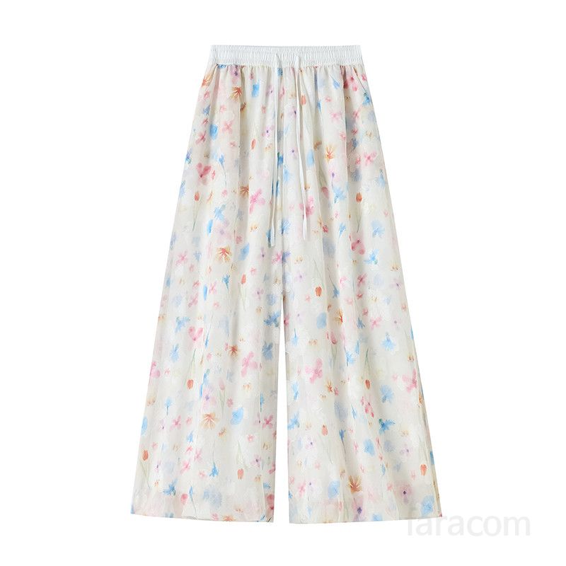 여성 여름 와이드팬츠 아이스실크 소재 컬러풀 꽃봉오리 디자인 하이웨이스트 시원한 착용감 캐주얼 스타일 데일리 외출용 청량감 있는 스트레이트 팬츠 - 상세 이미지 5