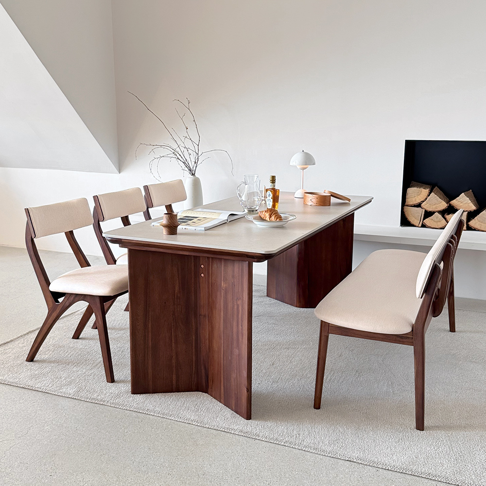 로포텐 브루클린 양면 세라믹식탁 세트 원목 4인용 식탁 포세린 1400 의자2 벤치