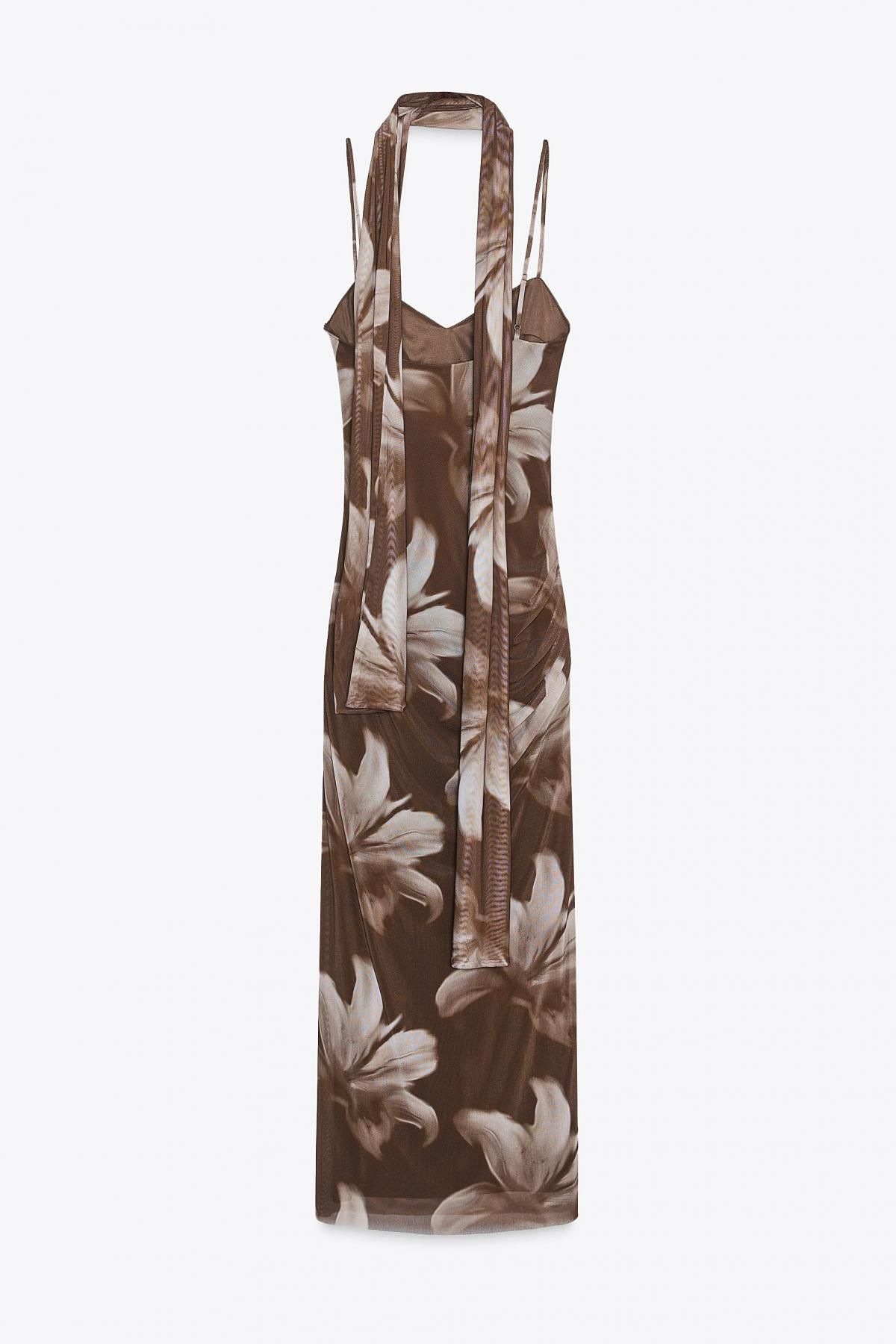 자라 플라워 프린트 튤 스카프 미디 원피스 8220/112 KHAKI - 상세 이미지 5