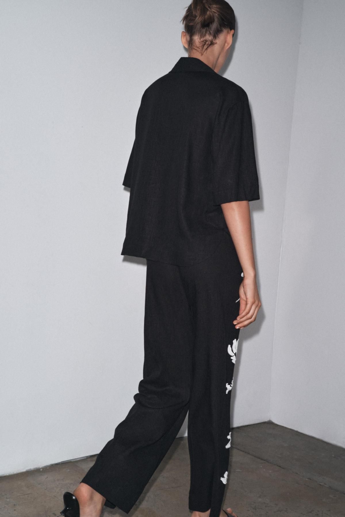 자라 플라워 비즈 자수 와이드 팬츠 4786/260 BLACK / WHITE - 상세 이미지 3