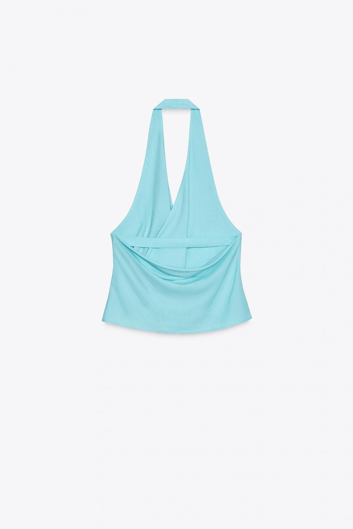 자라 린넨블렌드 크로스 브이넥 매듭 홀터넥 민소매 탑 8702/383 TURQUOISE - 상세 이미지 4