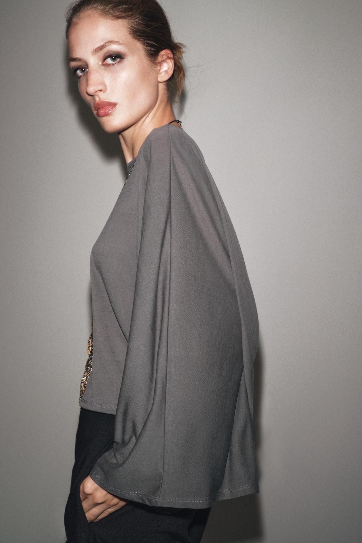 자라 라운드넥 롱슬리브 비대칭 케이프 0858/699 ANTHRACITE GREY - 상세 이미지 4