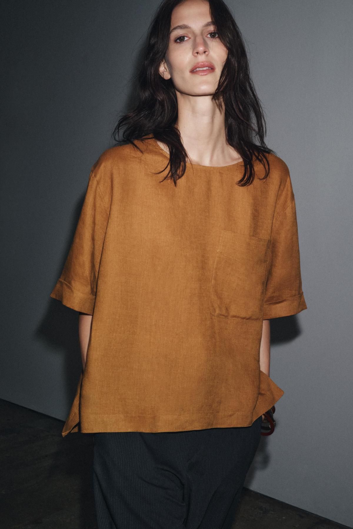 자라 린넨 내추럴 라운드 반팔 티셔츠 4786/118 OCHRE - 상세 이미지 5