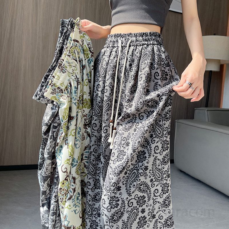 여성용 하이웨스트 아이스 실크 와이드팬츠 여름용 시원한 여름 슬랙스 드레이프 스타일 편안한 착용감 루즈핏 바지 데일리 캐주얼 팬츠 - 상세 이미지 2