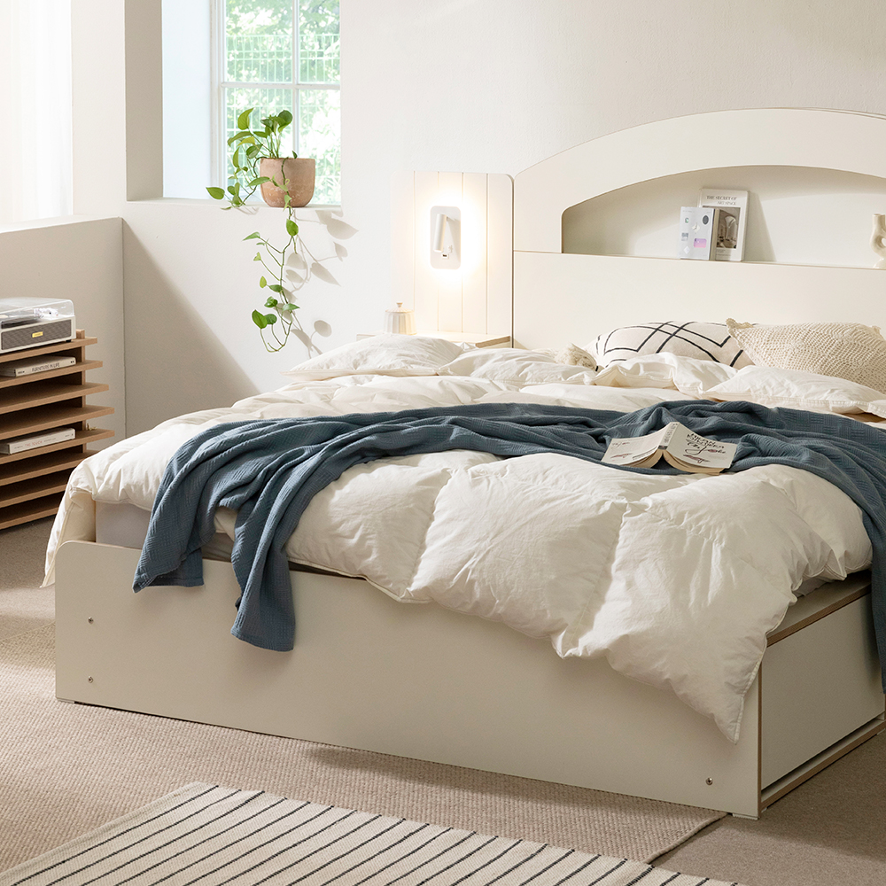 무디켄 리뉴 LED 선반헤드 수납 서랍 침대 프레임 (+방수커버) 원형, Q 서랍형, 아이보리+우드엣지