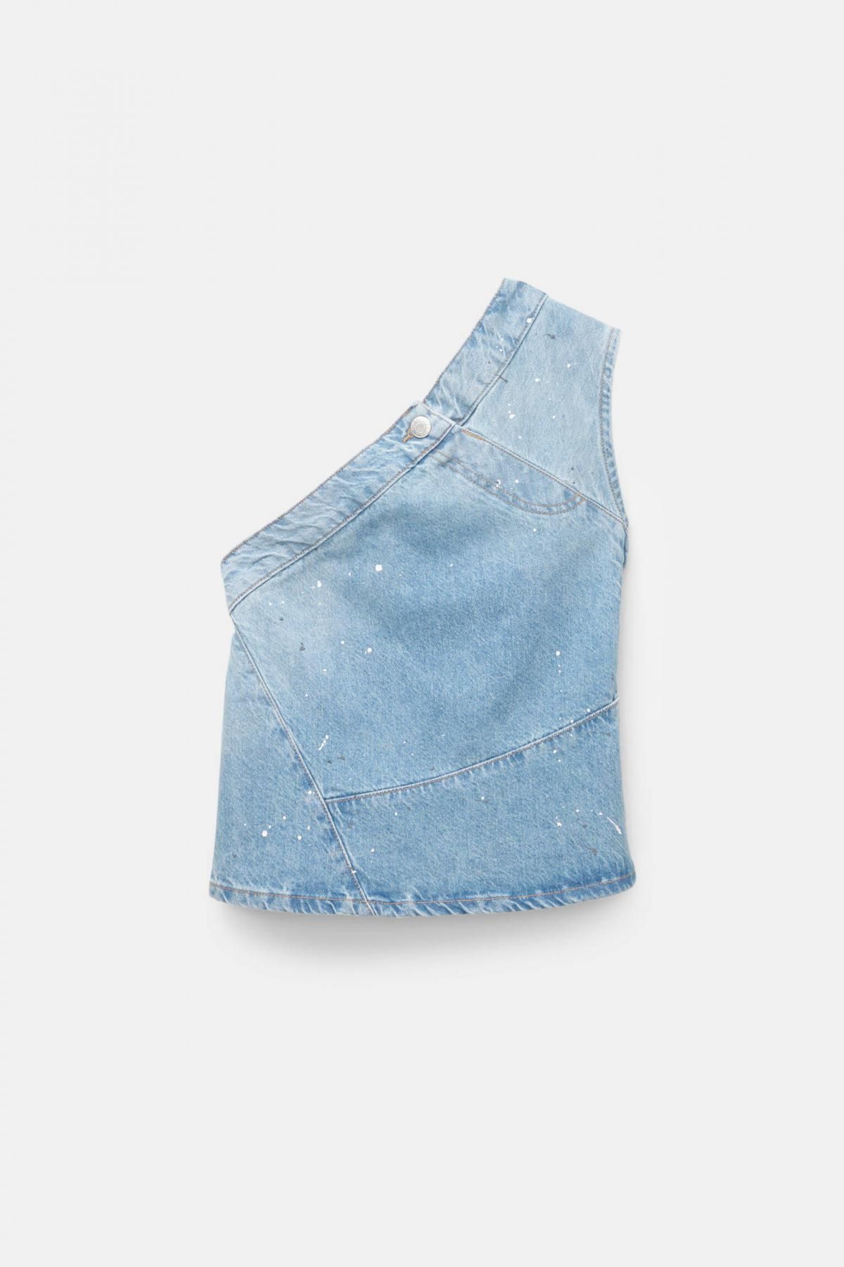 풀앤베어 프린트 비대칭 데님 민소매 탑 7474/328 PALE BLUE - 상품 이미지