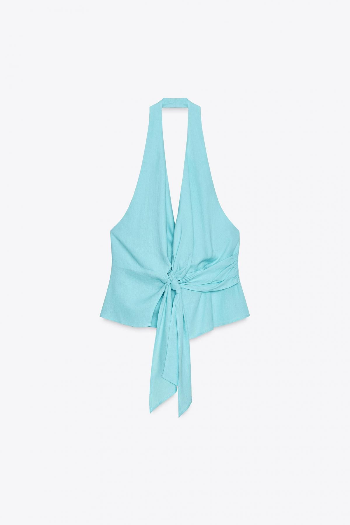 자라 린넨블렌드 크로스 브이넥 매듭 홀터넥 민소매 탑 8702/383 TURQUOISE - 메인 이미지