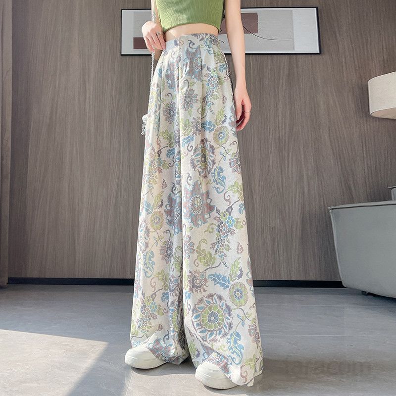여성용 아이스 실크 코튼 리넨 프린트 와이드 팬츠 여름 하이웨이스트 9부 캐주얼 루즈핏 통바지 시원한 착용감 편안한 스타일 데일리 외출용 - 상세 이미지 3