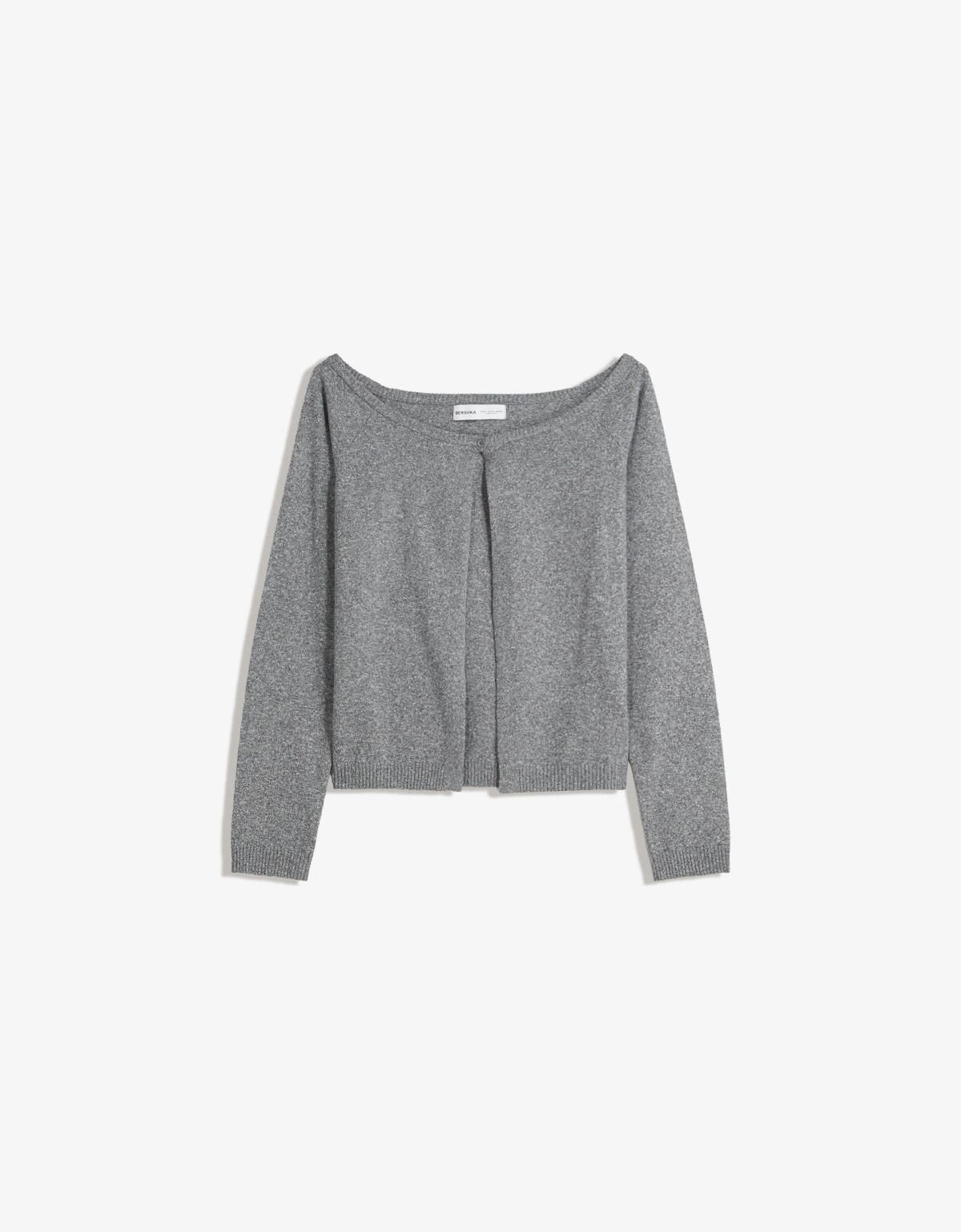 버쉬카 라이트그레이 오프숄더 싱글버튼 크롭 가디건 6987/693 GREY - 상품 이미지